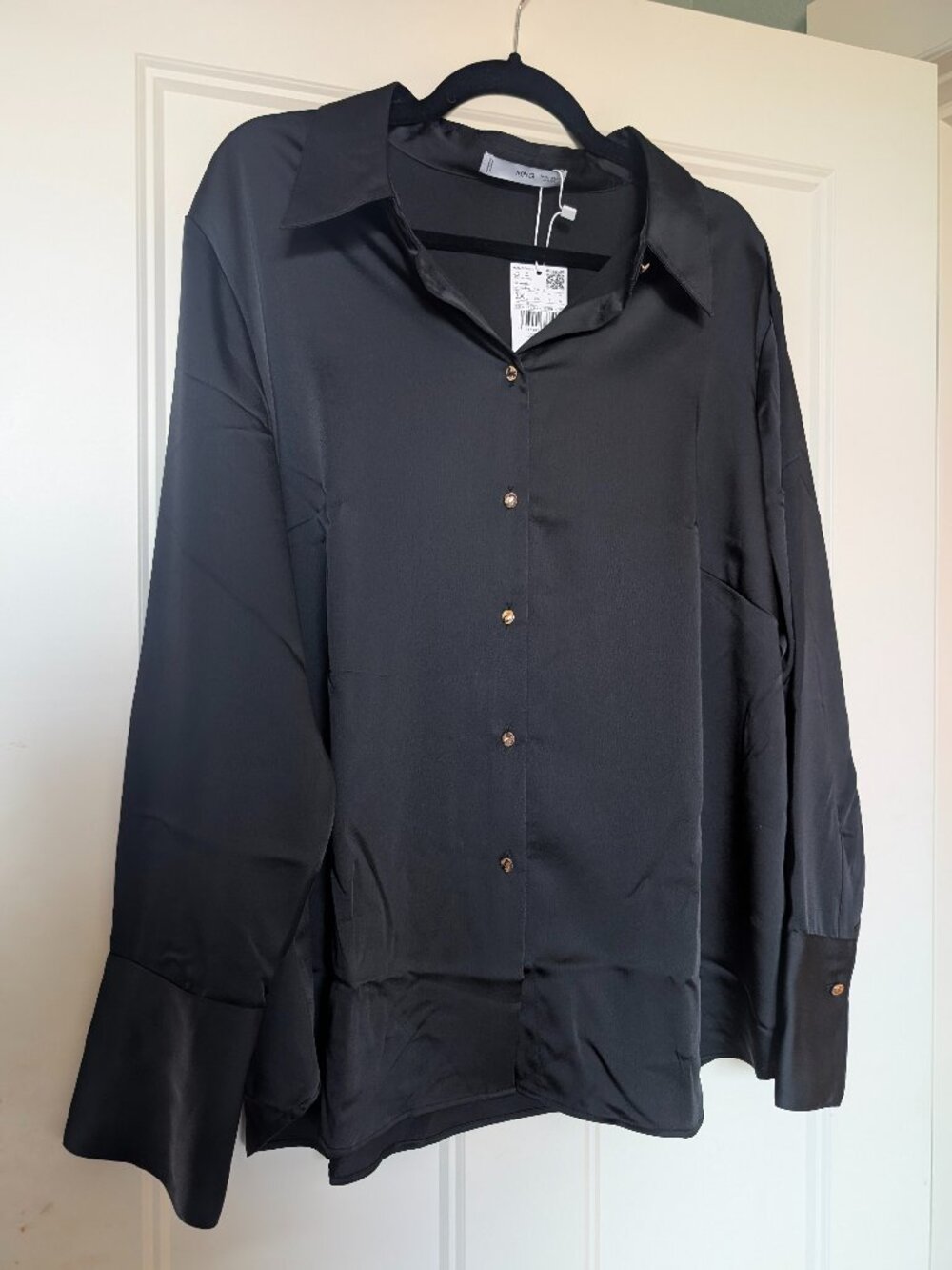 Mango Satin finish flowy shirt/Black with gold buttons